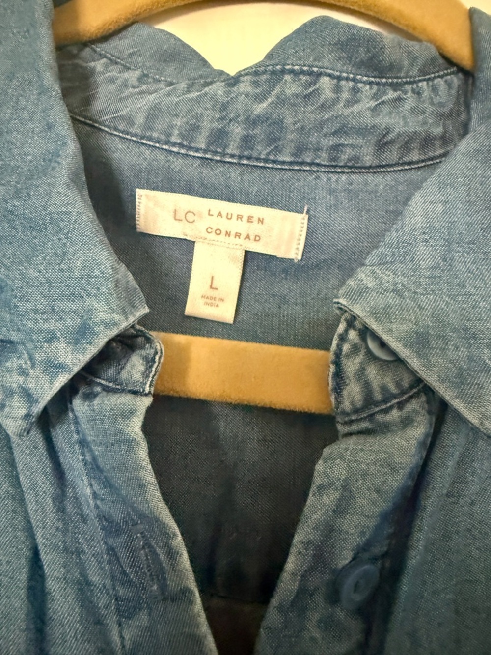 LC Lauren Conrad Chambray Blue Button-Front Tie Hem Shirt - Picture 3 of 6